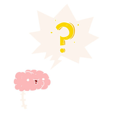 cartoon curious brain and speech bubble in retro style