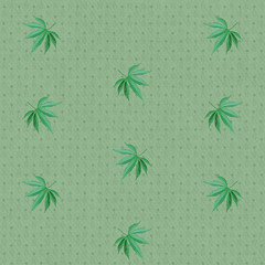 seamless texture with a pattern of repeating hemp leaves on a green textural background with geometric rhombuses, the concept of legalization of narcotic substances, square