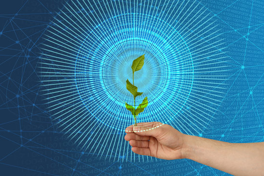 Male hand on the technological background, using the network interface. - Powered by Adobe