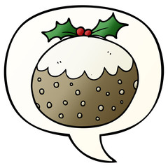 cartoon christmas pudding and speech bubble in smooth gradient style