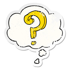 cartoon question mark and thought bubble as a distressed worn sticker