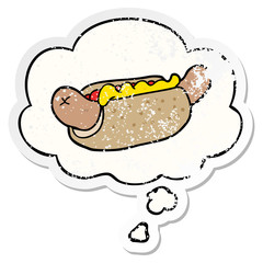 cartoon hot dog and thought bubble as a distressed worn sticker