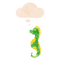 cartoon sea horse and thought bubble in retro textured style