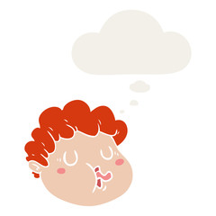 cartoon male face and thought bubble in retro style