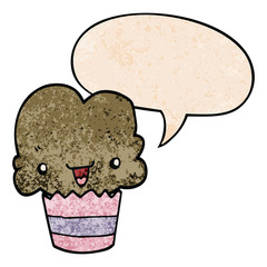 cartoon cupcake and face and speech bubble in retro texture style