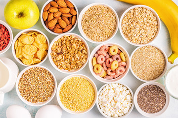 Ingredients for healthy breakfast, top view.