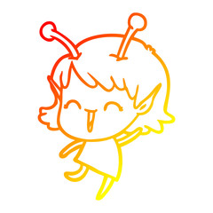 warm gradient line drawing cartoon alien girl laughing