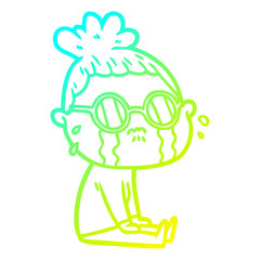 cold gradient line drawing cartoon crying woman wearing spectacles