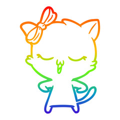 rainbow gradient line drawing cartoon cat with bow on head