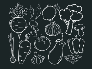 Hand drawn illustration with vector organic vegetables. Creative concept healthy food.