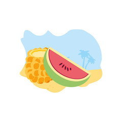 fresh pineapple and watermelon on the beach