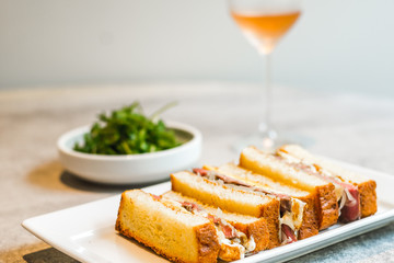 Steak and Egg Sandwich Grilled rump, butter brioche onions fondue, whole grain mustard and sunny side-up