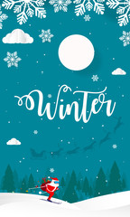 Hello Winter with Hills Mountains With Trees Clouds and ski Santa Claus Vector Illustration, Merry Christmas and Happy New Year Background paper cut