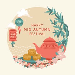 Mid Autumn Festival with Cute Teapot, Moon Cake, Lantern, Rabbit, Bamboo, Cherry Bloom, Chuseok / Hangawi Festival. Thanksgiving Day,  Vector - Illustration