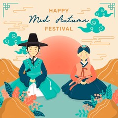 Mid autumn festival with couple wear korean hanbok. Chuseok Festival. Korean Thanksgiving Day, Chinese cloud, flower arrangement. Chinese Moon Cakes. Vector - Illustration
