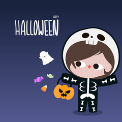 kid in skeleton suit with ghost candy halloween with copy space