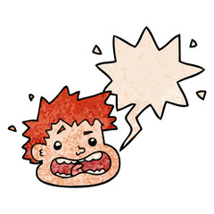 cartoon frightened face and speech bubble in retro texture style