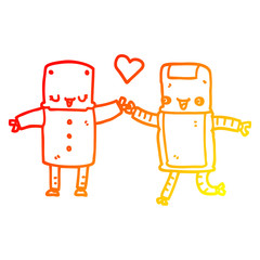 warm gradient line drawing cartoon robots in love
