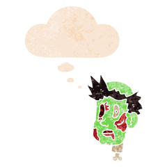 cartoon zombie head and thought bubble in retro textured style