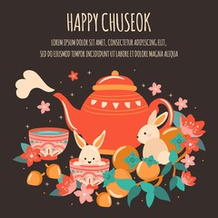Mid Autumn Festival with Cute Teapot, Moon Cake, Lantern, Acron, Rabbit, Bamboo, Cherry Bloom,  Apricot, Chuseok / Hangawi Festival. Thanksgiving Day,  Vector - Illustration