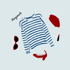 Stylish Parisian outfit illustration with blue striped t-shirt, shoes, sunglasses, burgundy beret and red lipstick. - obrazy, fototapety, plakaty