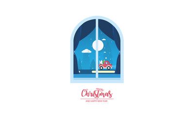 Merry Christmas and Happy New Year. Christmas window view with Santa Claus flying over snow hills background, paper art and digital craft style