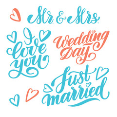Set of hand drawn vector wedding phrases isolated on white background. Lettering elements for stickers template, invitation, wedding element, greeting card, banner and prints