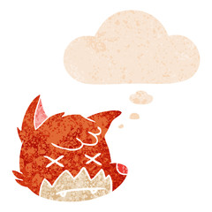 cartoon dead fox face and thought bubble in retro textured style
