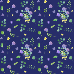 seamless pattern with cute watercolor illustration of stylized flowers.