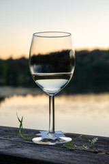 One glass and flower with white wine. Tranquil summer scene with water and sunset nature.