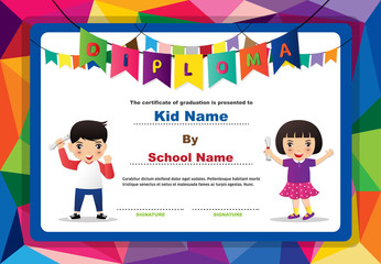 Obraz na płótnie Canvas Preschool kids boys and girls Diploma certificate colorful background design template
