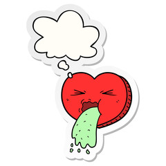 cartoon love sick heart and thought bubble as a printed sticker