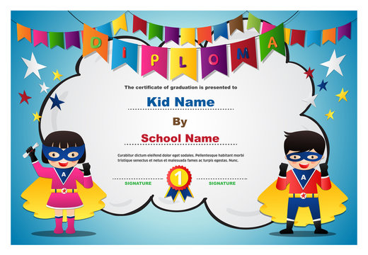 Preschool Superhero kids boys and girls Diploma certificate colorful background design template