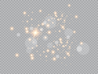 The dust is yellow. yellow sparks and golden stars shine with special light. Vector sparkles on a transparent background. Christmas light effect. Sparkling magical dust particles.