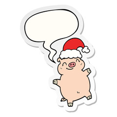 cartoon happy christmas pig and speech bubble sticker