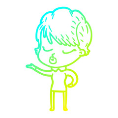 cold gradient line drawing cartoon woman with eyes shut