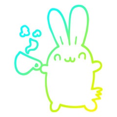 cold gradient line drawing cute cartoon rabbit drinking coffee