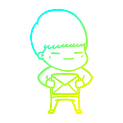 cold gradient line drawing cartoon smug boy carrying present