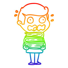 rainbow gradient line drawing cartoon man with books totally stressed out