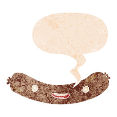 cartoon sausage and speech bubble in retro textured style