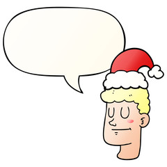 cartoon man wearing christmas hat and speech bubble in smooth gradient style
