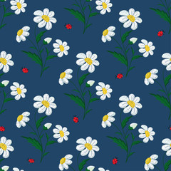 Seamless pattern embroidered stitch daisy flowers and ladybugs on a blue background. Vector