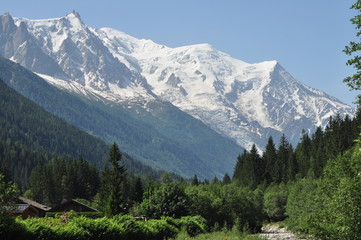 glacier et montagne vus depuis la vallée en été
