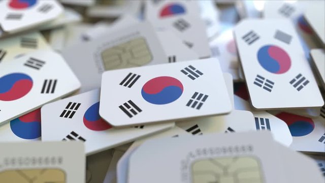 SIM cards with flag of South Korea. Korean cellular network related conceptual 3D animation