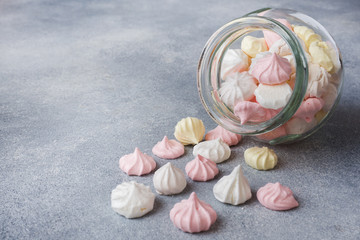 Small home meringue in a glass jar. Homemade Meringue. Copy space.