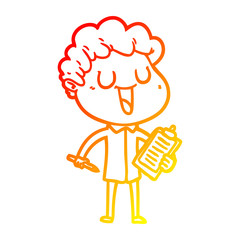warm gradient line drawing laughing cartoon man with clipboard and pen