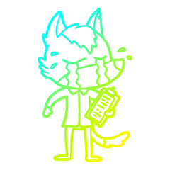 cold gradient line drawing cartoon crying wolf wearing work clothes