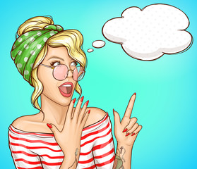 Amazed blond woman with hair tied by handkerchief, pink glasses looking with surprising, pointing by finger on something pop art vector portrait. Shop unbelievable sale, discount ad banner, copyspace