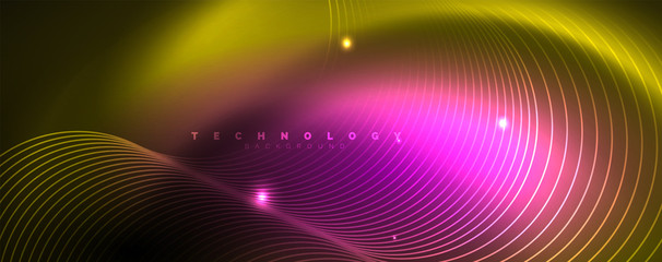 Bright neon circles and wave lines, glowing shiny background design template, digital techno concept.