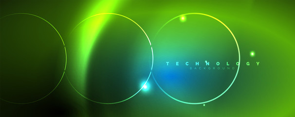 Trendy neon blue abstract design with waves and circles. Neon light glowing effect. Abstract digital background.